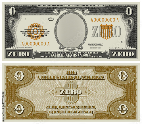 Fictional obverse and reverse of a gold certificate with a face value of zero dollars. US paper money. Nothing