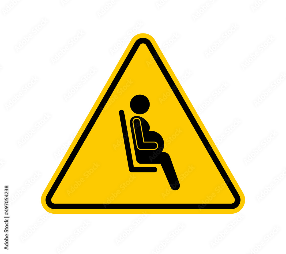 Vector yellow triangle sign - black silhouette of a sitting pregnant woman. Priority for pregnant women. Isolated on white background. Vector yellow triangle sign - black silhouette of a sitting pregnant woman. Priority for pregnant women. Isolated on white background.