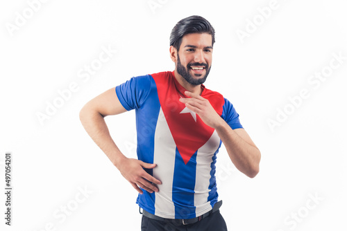 Photography Mid Shot of and Cuban Salsa Dancer dressed in Cuba Flag T-shirt - Dance Lessons - isolated studio shot