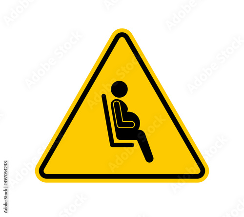 Vector yellow triangle sign - black silhouette of a sitting pregnant woman. Priority for pregnant women. Isolated on white background.