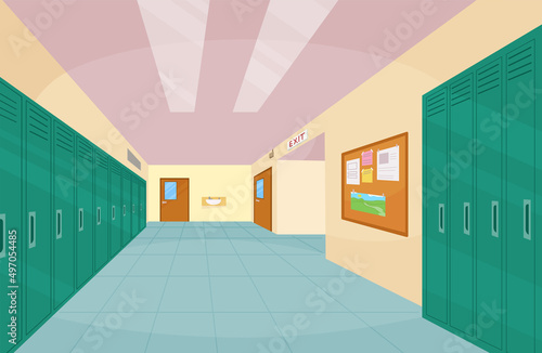 School hallway interior with entrance doors, lockers and bulletin board on wall. Vector cartoon illustration of empty corridor in college, university with closed classrooms doors
 photo