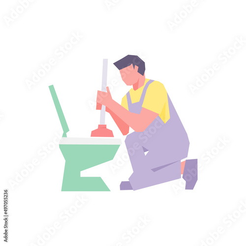 Plumber fixing clogged toilet simple flat vector character illustration.