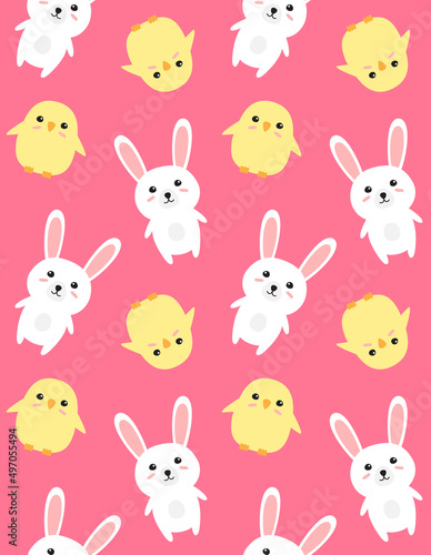 Vector seamless pattern of flat cartoon Easter bunny rabbit and chick isolated on pink background