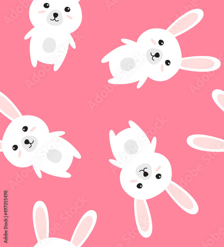 Fototapeta Naklejka Na Ścianę i Meble -  Vector seamless pattern of flat cartoon Easter bunny rabbit isolated on pink background