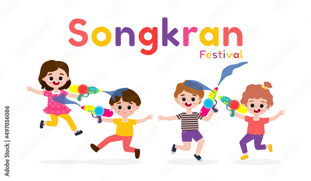Songkran festival banner template kids holding water gun and jumping enjoy splashing water in Songkran festival, Thailand Traditional New Year's Day Vector Illustration isolated background Songkran festival banner template kids holding water gun and jumping enjoy splashing water in Songkran festival, Thailand Traditional New Year's Day Vector Illustration isolated background
