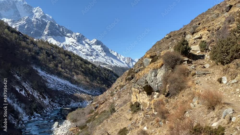 A valley in the Himalaya Mountains with a river in the bottom and snow peaks in the background. A valley in the Himalaya Mountains with a river in the bottom and snow peaks in the background.