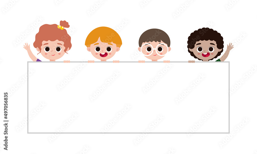 group children and sign board kids peeping behind placard, happy children, Cute little kids on white background,Vector Illustration group children and sign board kids peeping behind placard, happy children, Cute little kids on white background,Vector Illustration