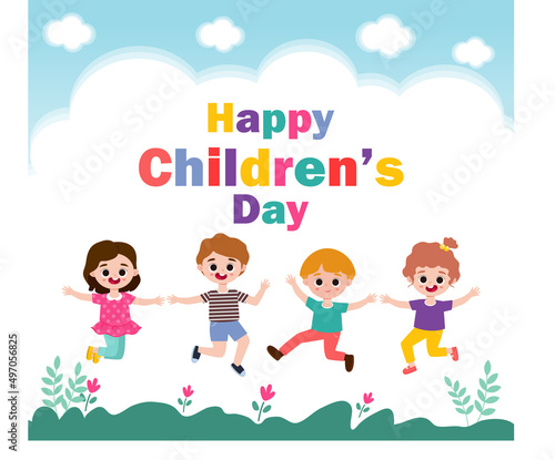 Happy children's day banner Template background, kids jumping and dancing and playing together, advertising brochure, your text, flat Funny cartoon isolated vector Illustration