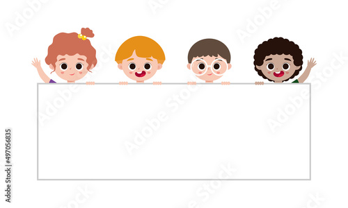 group children and sign board kids peeping behind placard, happy children, Cute little kids on white background,Vector Illustration