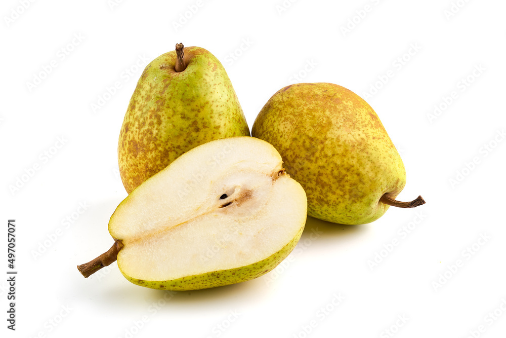 Fresh Williams pears, isolated on white background.