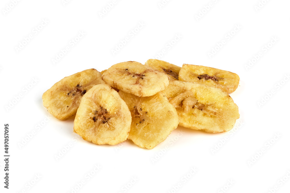 Dried banana slices, isolated on white background.