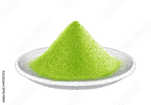 Matcha powder. Pile of green tea on plate. Realistic sketch. Shredded leaves for green tea drink. Illustration in vintage style. Hand-drawn vector.
