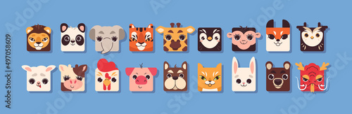 Cute square animal faces in flat style. Funny kids collection head shape of pet, safari and farm animals zoo elements for children. Baby colorful avatars icon set for mobile ui game application.