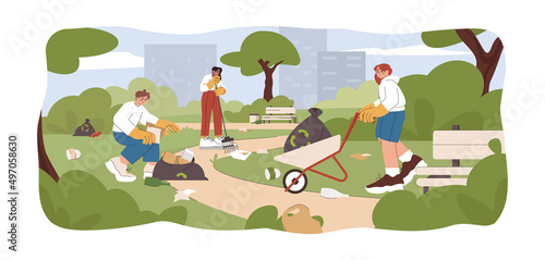 Flat volunteer team clean up city park, collect garbage. Young people collecting litter together, pickup rubbish into recycling trash bags. Cleaning waste for recycle. Environmental problems concept.