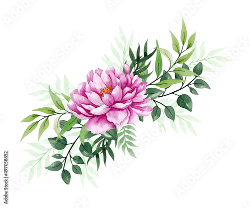 Composition  pink beautiful peony flower and leaves. Watercolor illustration. Postcard  invitation  congratulation.