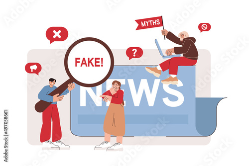 Flat people scanning fake news published in social network and hoax information on the internet, media press. Man with magnifying glass checking false facts, myths. Propaganda or disinformation online