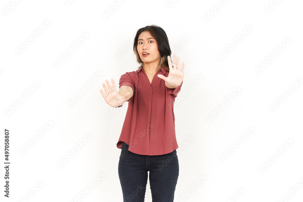 Showing Stop Rejection Hand Of Beautiful Asian Woman Isolated On White Background Showing Stop Rejection Hand Of Beautiful Asian Woman Isolated On White Background