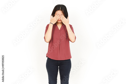 Covering Eyes Of Beautiful Asian Woman Isolated On White Background
