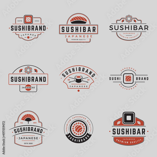 Collection sushi bar minimalist vintage logo line vector illustration. Set Japanese food cafe restaurant emblem insignia template with place for text isolated. Oriental roll seafood menu retro label