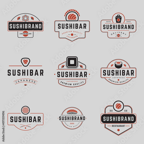 Set minimalist retro sushi bar emblem branding identification template vector illustration. Collection business vintage logo traditional Asian food menu chopstick, caviar, salmon, noodle box