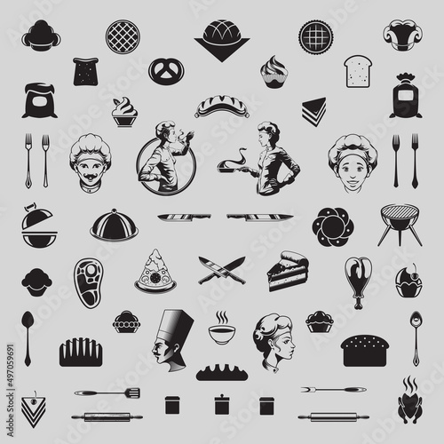 Collection monochrome catering culinary kitchen vintage icon vector illustration. Set engraved cooking service personnel chef prepare food, cutlery, frying, baking delicious meal, grill barbecue meat