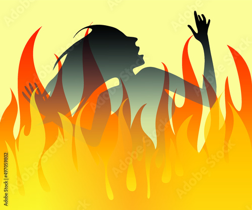 Women burning in fire flames, crime vector illustration