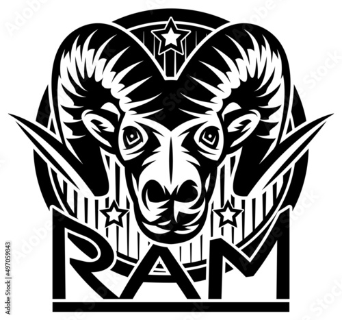 Head of ram with decorations and inscription. Template for design. Monochrome vector illustration