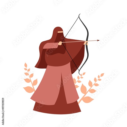 Vector illustration of an arabic Muslim woman wearing a niqab, doing archery.
