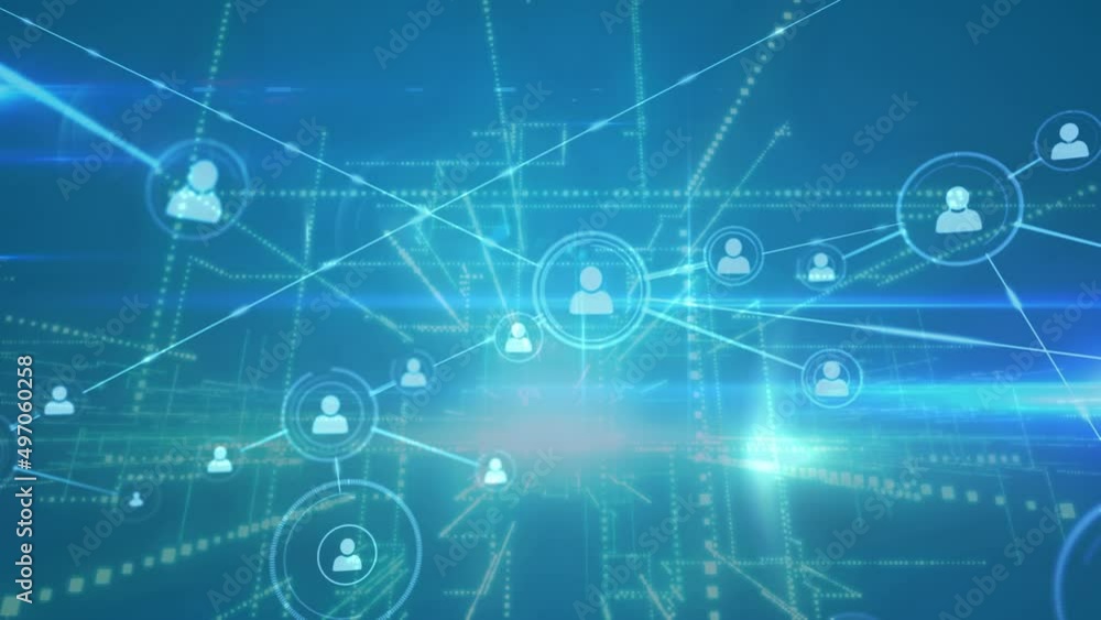Animation of network of connections with icons on blue background Animation of network of connections with icons on blue background