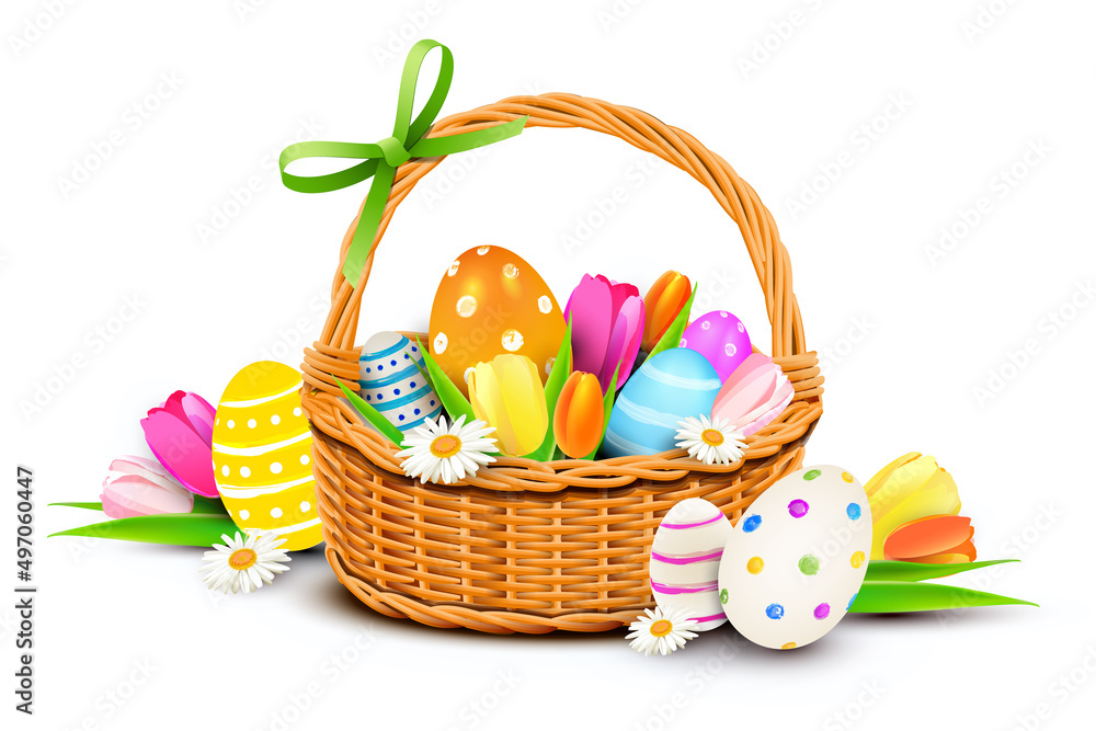 Colorful decorated easter basket with painted easter eggs and tulip flowers