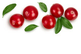 Cranberry with leaves isolated on white background with clipping path and full depth of field. Top view with copy space for your text. Flat lay