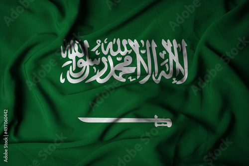 Selective focus of saudi arabia flag, with waving fabric texture. 3d illustration photo