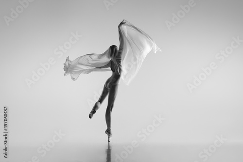 Fototapeta Naklejka Na Ścianę i Meble -  Black and white portrait of graceful ballerina dancing with fabric, cloth isolated on grey studio background. Grace, art, beauty concept. Weightless, flexible.