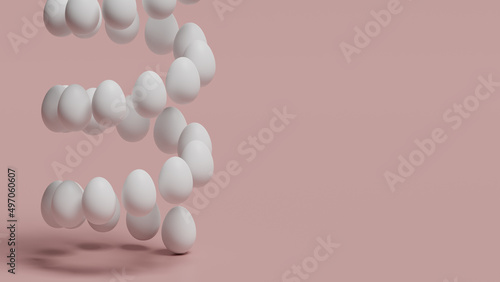 White eggs on a pink background, twisted into a spiral and heading upwards