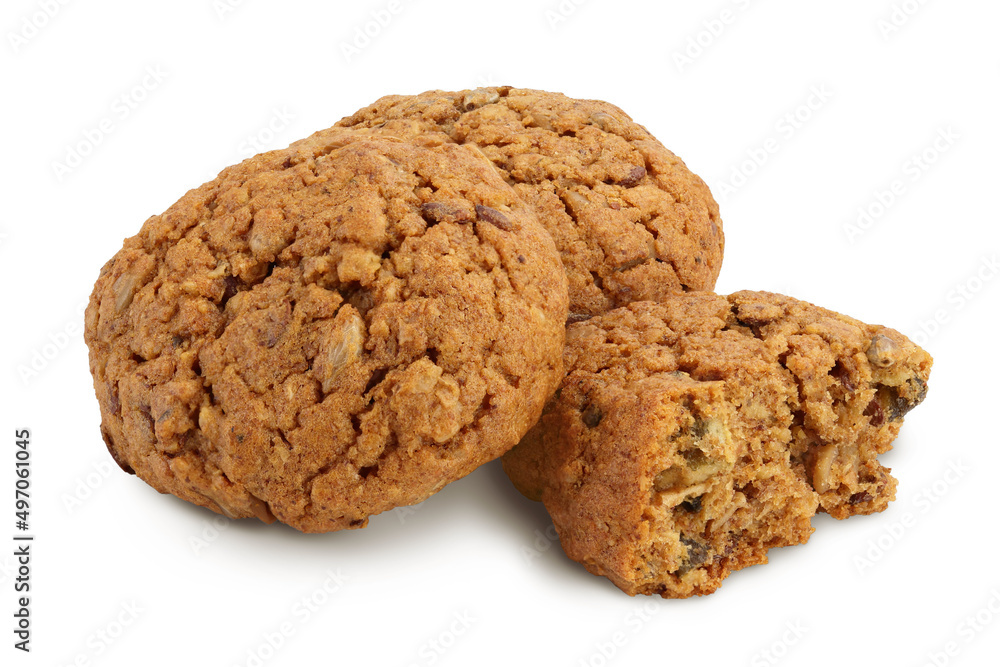 oatmeal cookies with flax, pumpkin and sunflower seeds isolated on white background with clipping path and full depth of field oatmeal cookies with flax, pumpkin and sunflower seeds isolated on white background with clipping path and full depth of field