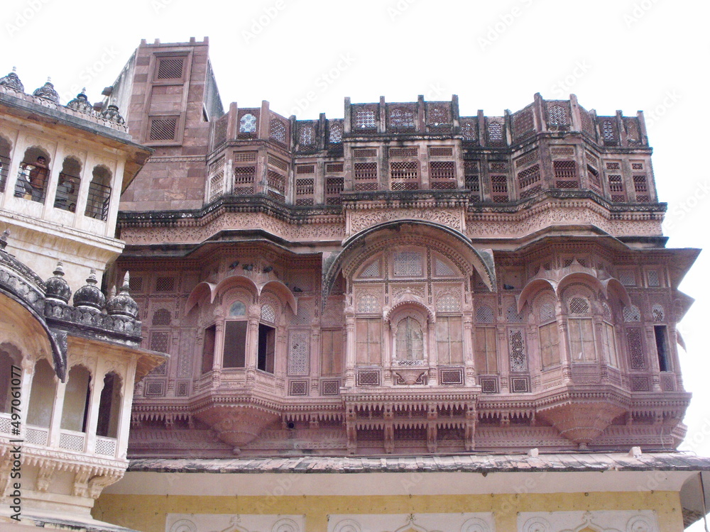 Jodhpur, Rajasthan, India, August 14, 2011: One of the spectacular facades of the Mehrangarh Fort in the blue city of Jodhpur, India