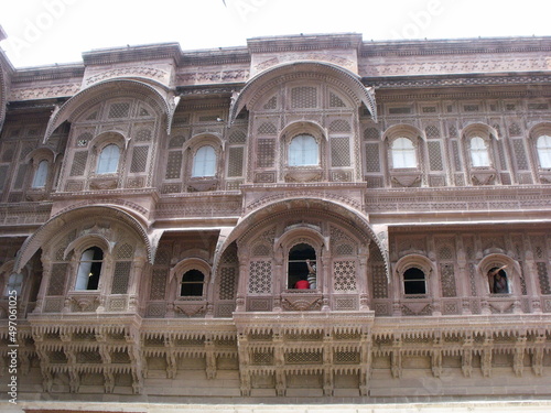 Jodhpur, Rajasthan, India, August 14, 2011: The spectacular balconies and windows of the Mehrangarh Fort in the blue city of Jodhpur, India photo