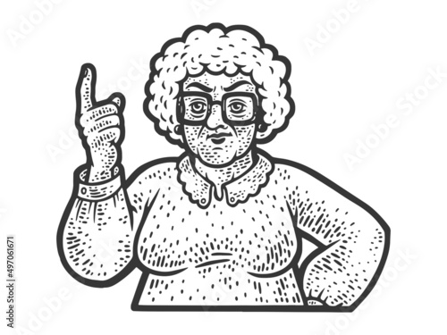 Old granny shaking her finger sketch engraving vector illustration. T-shirt apparel print design. Scratch board imitation. Black and white hand drawn image.