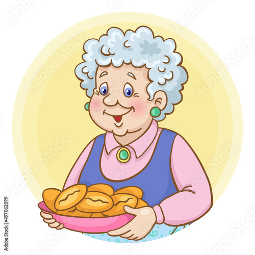 Cute grandmother with a plate of pies in her hands. Avatar icon in cartoon style. Isolated on white background. Vector illustration.