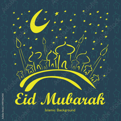 Vector illustration Eid Mubarak with symbol of mosque. Islamic greeting card template with ramadan for wallpaper design, poster, media banner. 