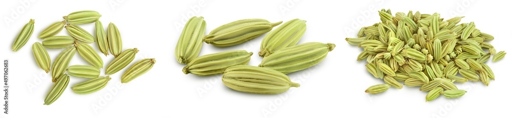 Dried fennel seeds isolated on white background with clipping path. Top view. Flat lay. Set or collection Dried fennel seeds isolated on white background with clipping path. Top view. Flat lay. Set or collection