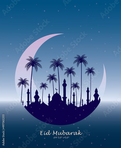 Vector illustration Eid Mubarak with symbol of mosque. Islamic greeting card template with ramadan for wallpaper design, poster, media banner. 