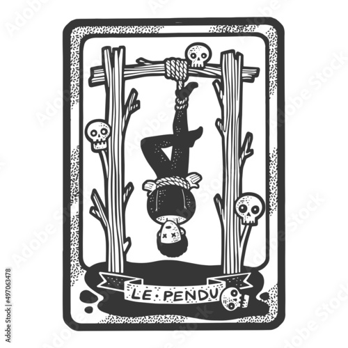 Tarot playing card hanged sketch engraving vector illustration. T-shirt apparel print design. Scratch board imitation. Black and white hand drawn image.