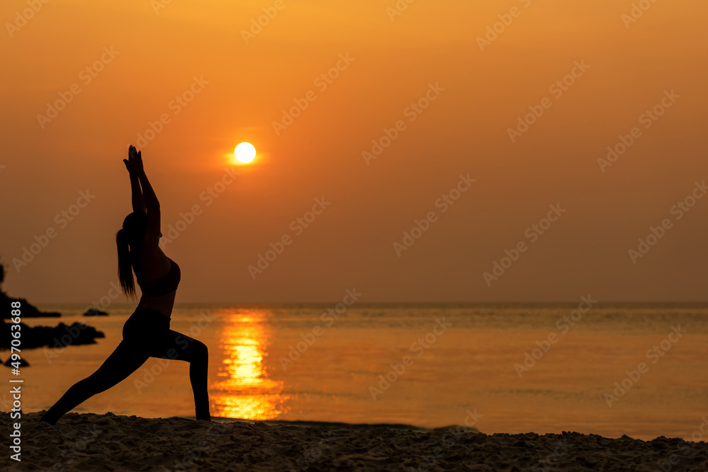 Lifestyle woman yoga exercise and pose for healthy life. Young girl or people pose balance body vital zen and meditation for workout silhouette sunset beach and sea background. Healthy Concept