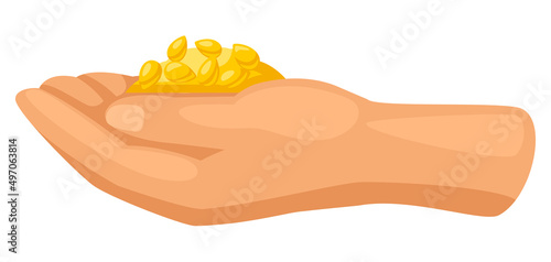 Hand holding handful of seeds. Agricultural planting illustration.
