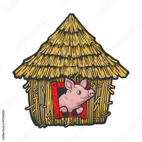 pig in straw house color sketch engraving vector illustration. T-shirt apparel print design. Scratch board imitation. Black and white hand drawn image.