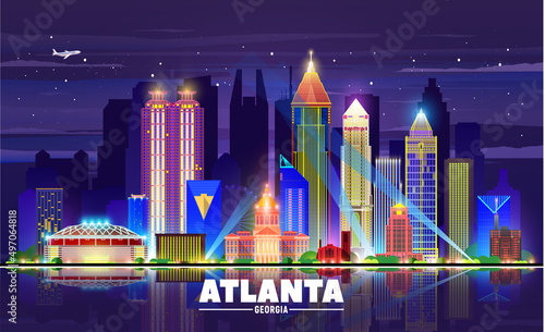 Atlanta (Georgia ) night city skyline sky background. Flat vector illustration. Business travel and tourism concept with modern buildings. Image for banner or web site.