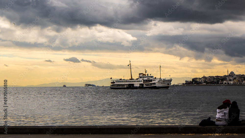 General view of the ferry line of a passenger ship sailing on the Bosphorus