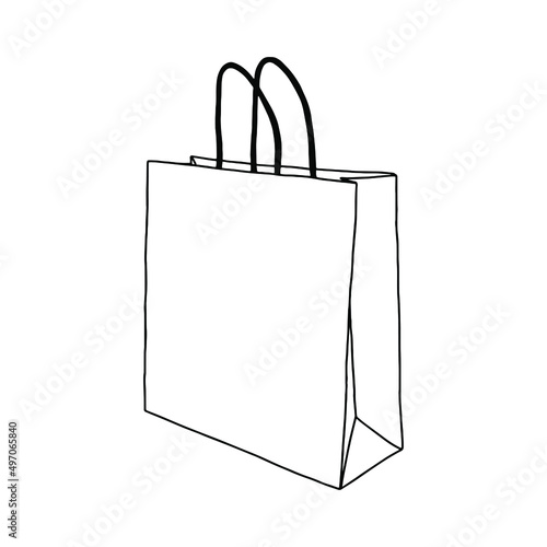 Paper bag paper bag with handles. Packaging template mock up. Delivery service concept. Copy space. Linear, vector, realistic, outline illustration.