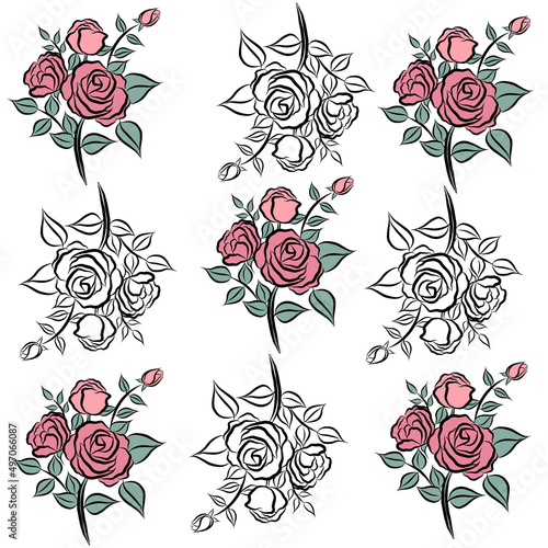 Beautiful rose bouquet flowers and green leaves growth on white background,hand drawn,creative with illustration in flat design.Floral pattern,decorative series for wallpaper.